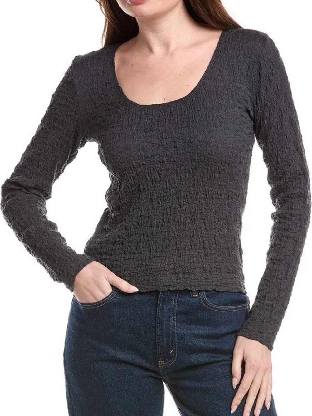 Vince Dark Gray Textured Long-Sleeve Scoop Neck Top. Size XS.